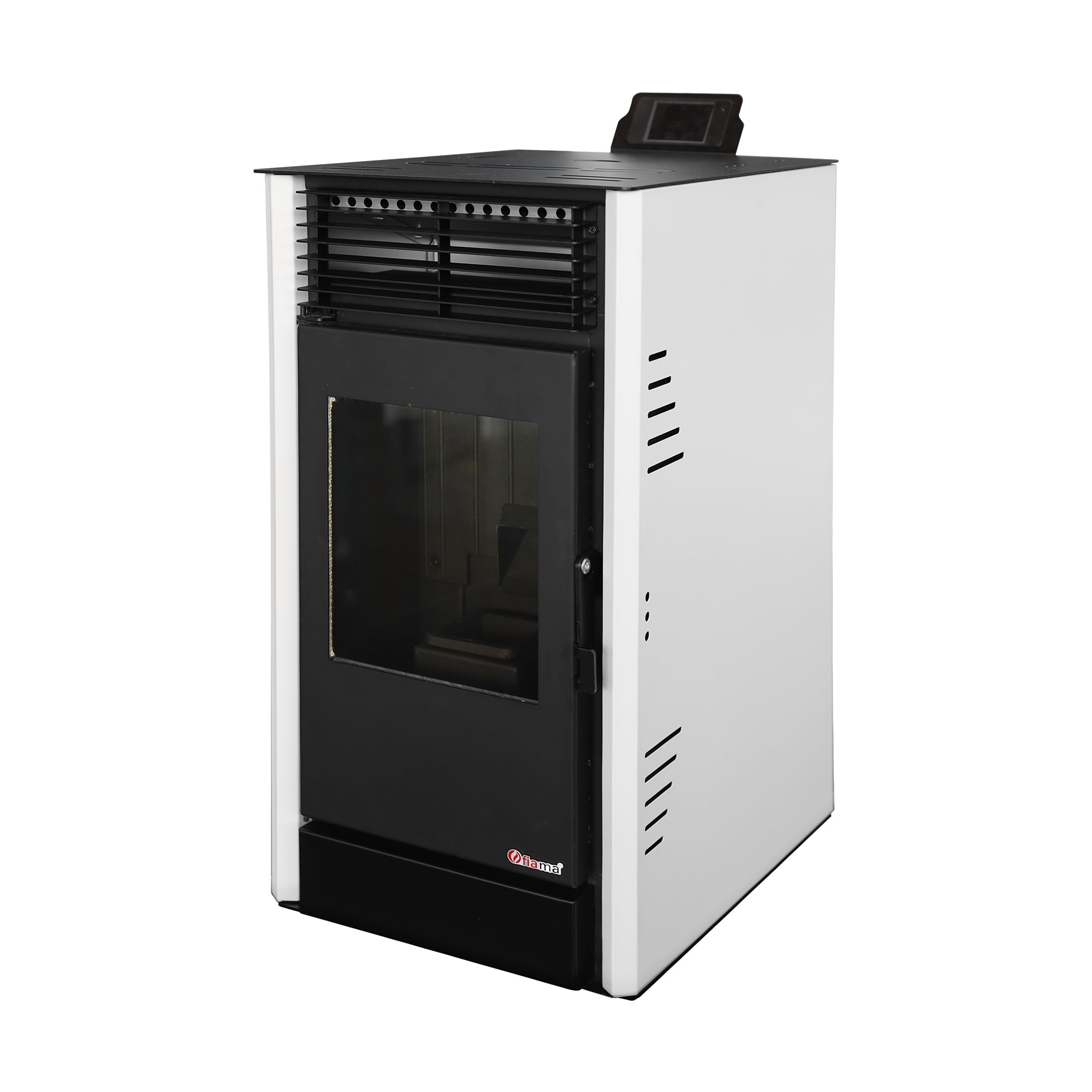 Semineu pe peleti cu aer cald Fiama Fuoco 8 kw, aprindere electrica, tiraj fortat, wifi, focar din fonta, recomandat pentru 75 mp, Alb