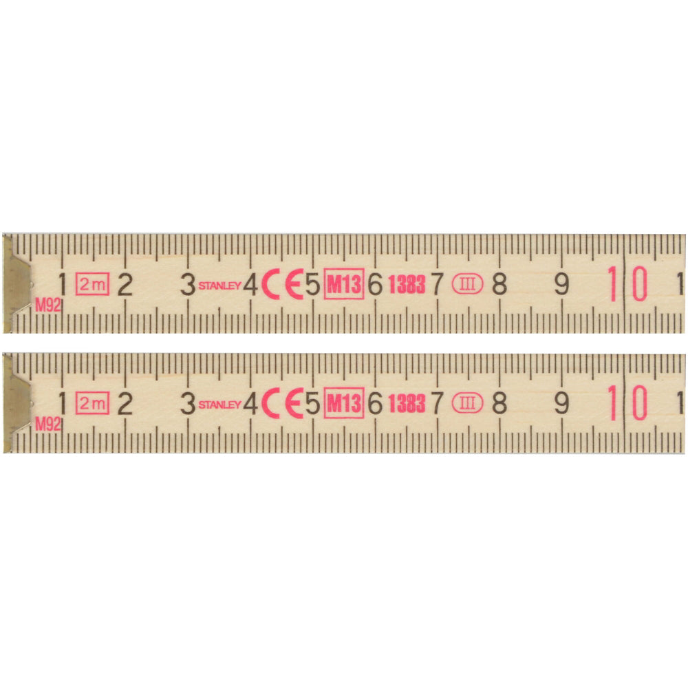 Stanley 0-35-455, metru de tamplarie din lemn 2m, finisaj lemn natur lacuit, gradare in negru, marcaj CE, 2m x 15mm, blister