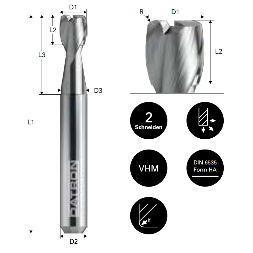 Freza de adancime si raza, 2 caneluri, Datron 0068080K, R 1.0, 8.0x12.0x8.0mm