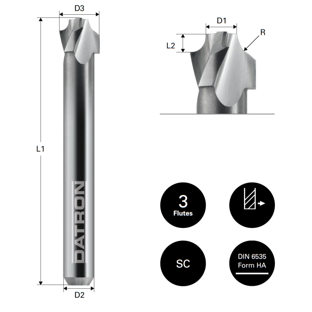 Freza cu raza externa, Plexiglas, 3 caneluri, Datron 00685710, R 1.0, 4.0x1.0x6.0mm