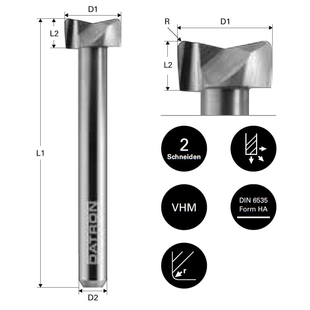Freza etajata frontala, Plexiglas, Datron 0078442, R 1.0, 12.0x6.0x6.0mm