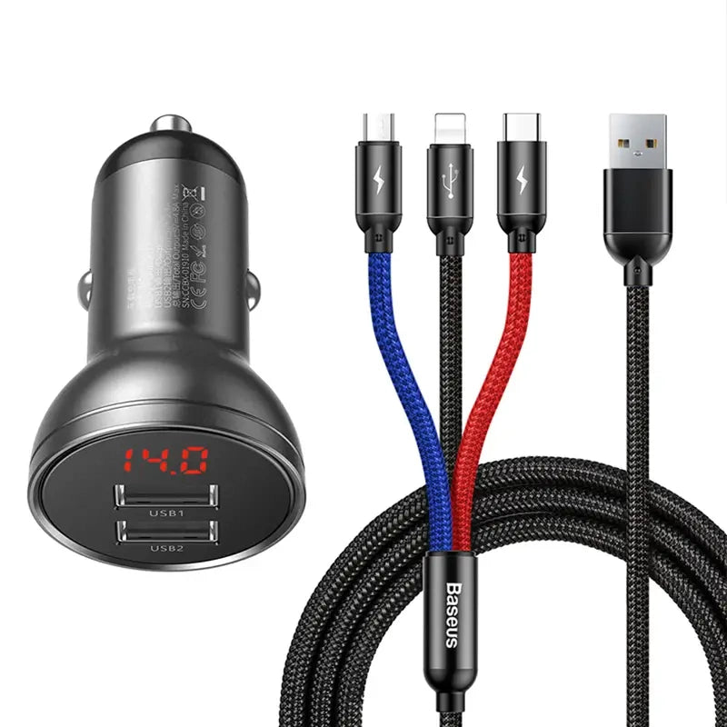 Cumpara acum Baseus încărcător auto cu afișaj 24W + 3in1 Baseus trei culori primare cablu USB 1.2m de la Mesterul Minune