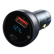 Cumpara acum Baseus Particular Digital Display încărcător auto cu display, USB + USB-C, QC3.0+PD, 5A, 65W (gri) + cablu USB-C 1m 100W (negru) de la Mesterul Minune