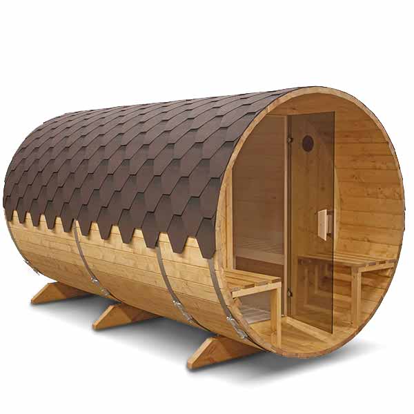 Sauna butoi din molid lungime 3,6m, diametru 2m cu terasa