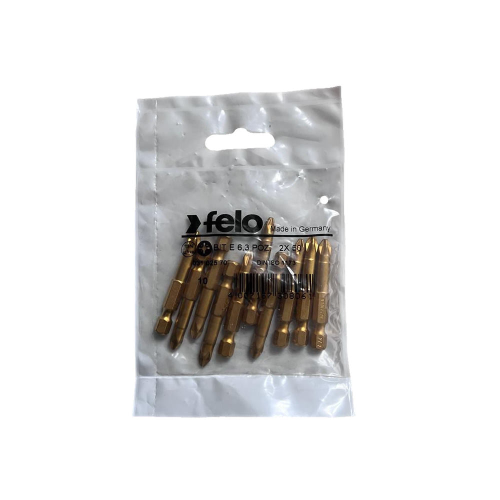 Set 10 biti Felo, seria TiN Plus profil Pozidrive, E6.3, PZ2, 50mm