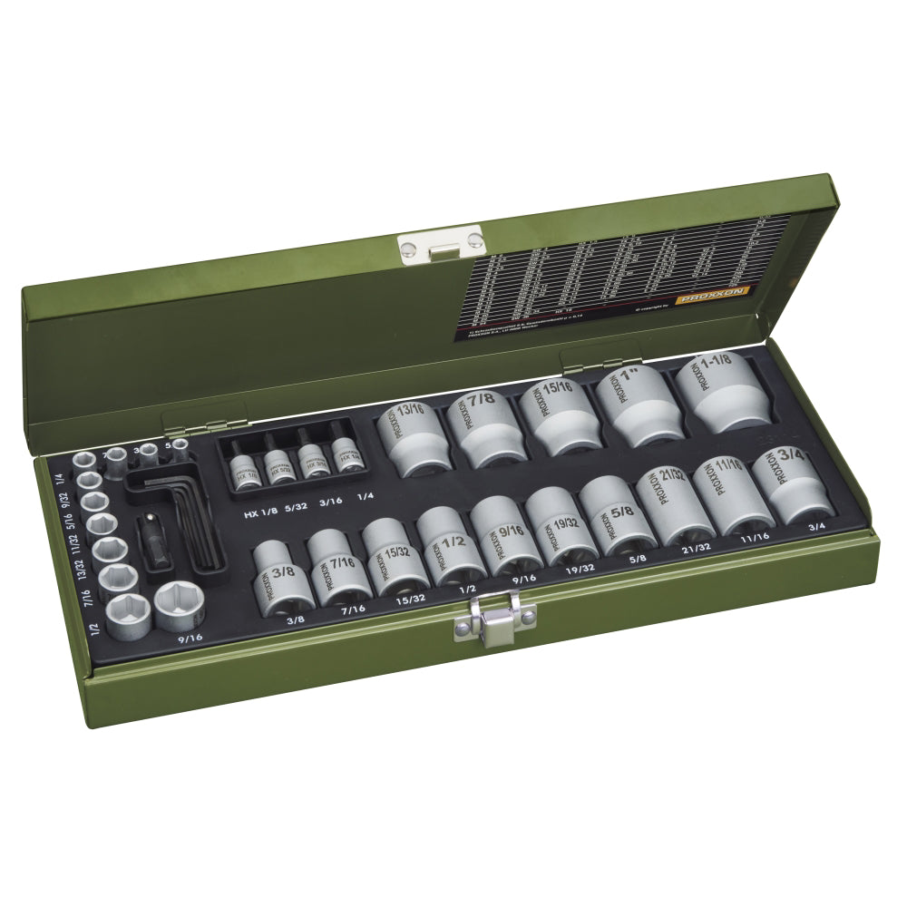 Trusa tubulare si biti, 36 de piese pentru dimensiuni în inch, 1/4" si 1/2", Proxxon 23114