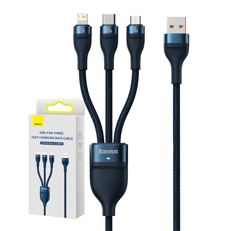 Cumpara acum 3in1 USB cable Baseus Flash Series, USB-C + micro USB + Lightning, 100W, 1.2m (blue) de la Mesterul Minune