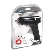 Rapid 24928000, Pistol de lipit GlueGun Hobby, negru, max 72W, debit 125g/h, 150 - 200°C, include 6 batoane, functional cu batoane de 12 mm