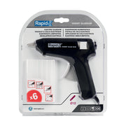 Rapid 24928000, Pistol de lipit GlueGun Hobby, negru, max 72W, debit 125g/h, 150 - 200°C, include 6 batoane, functional cu batoane de 12 mm