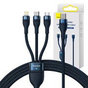 Cumpara acum 3in1 USB cable Baseus Flash Series 2, USB-C + micro USB + Lightning, 100W, 1.5m (blue) de la Mesterul Minune