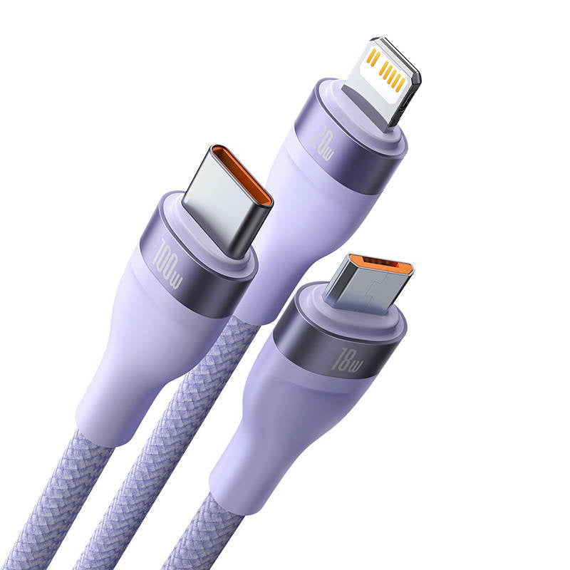 Cumpara acum 3in1 USB cable Baseus Flash Series 2, USB-C + micro USB + Lightning, 100W, 1.2m (purple) de la Mesterul Minune