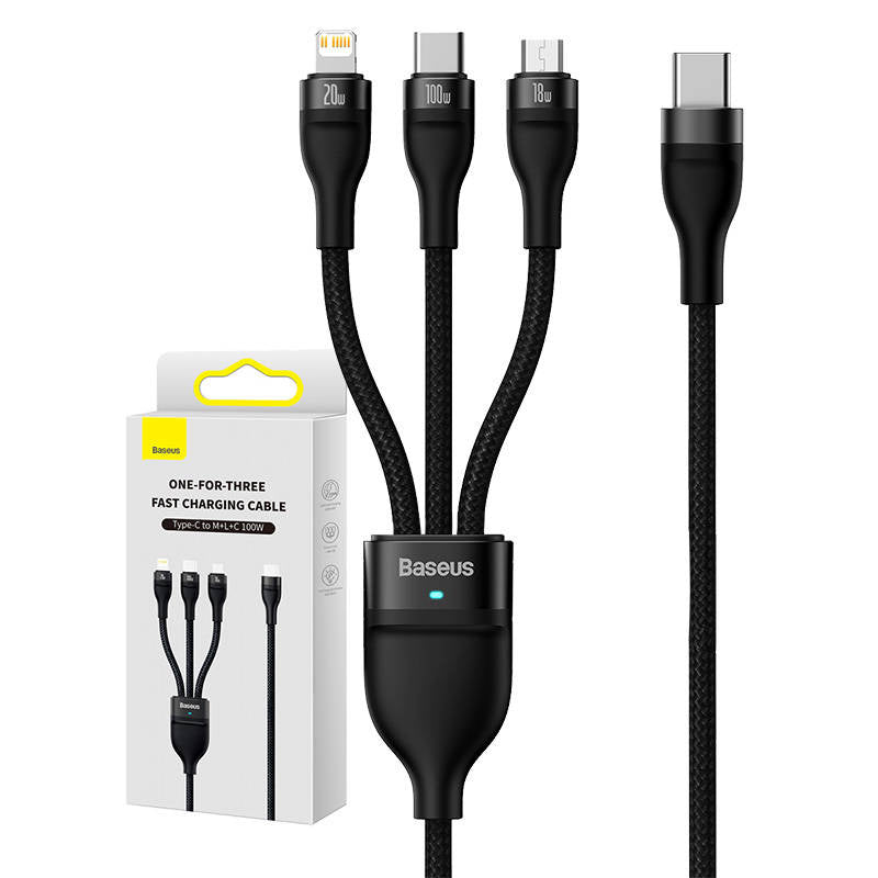 Cumpara acum 3in1 USB cable Baseus Flash Series 2, USB-C + micro USB + Lightning, 100W, 1.5m (black) de la Mesterul Minune