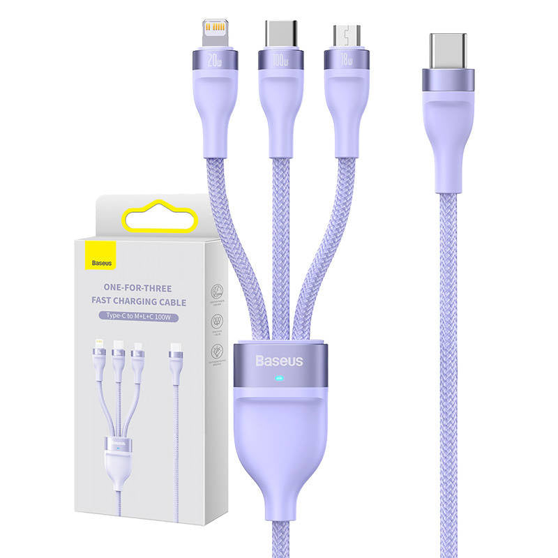 Cumpara acum 3in1 USB cable Baseus Flash Series 2, USB-C + micro USB + Lightning, 100W, 1.5m (purple) de la Mesterul Minune