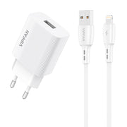 Cumpara acum Vipfan E01 încărcător de rețea, 1x USB, 2.4A + cablu Lightning (alb) de la Mesterul Minune