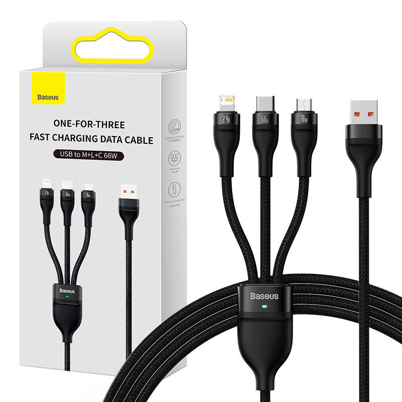 Cumpara acum 3in1 USB cable Baseus Flash II Series, USB-C + micro USB + Lightning, 66W, 1.2m (Black) de la Mesterul Minune