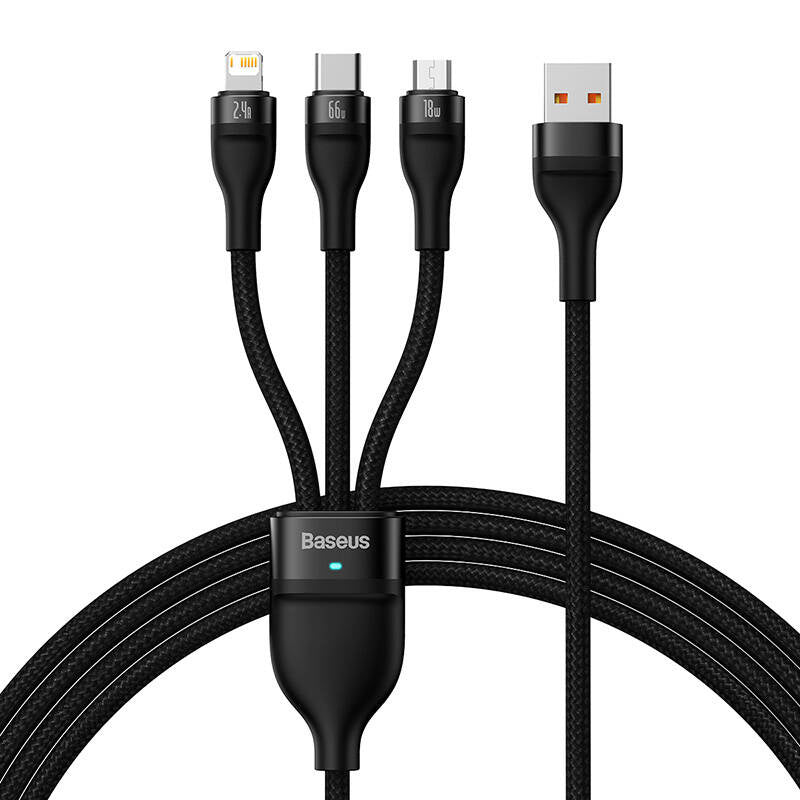 Cumpara acum 3in1 USB cable Baseus Flash II Series, USB-C + micro USB + Lightning, 66W, 1.2m (Black) de la Mesterul Minune
