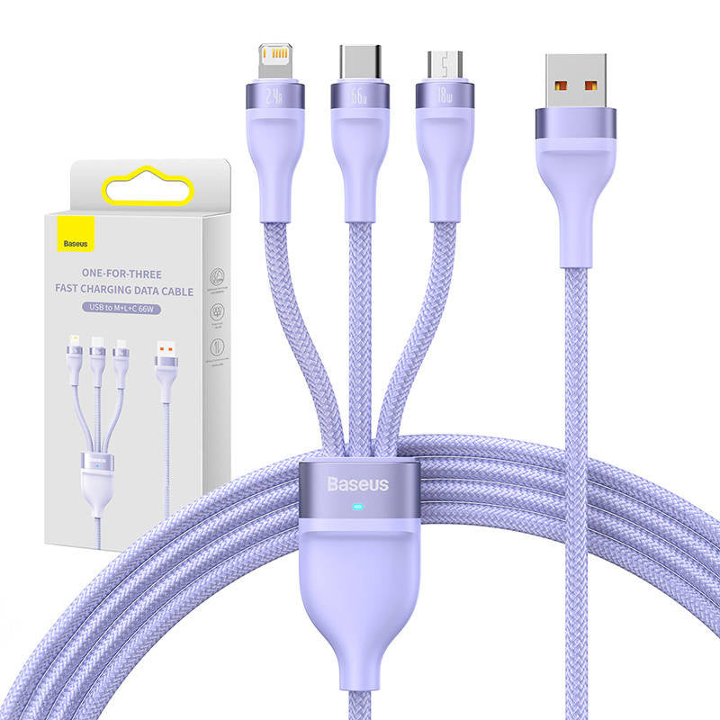 Cumpara acum 3in1 USB cable Baseus Flash II Series, USB-C + micro USB + Lightning, 66W, 1.2m (Purple) de la Mesterul Minune