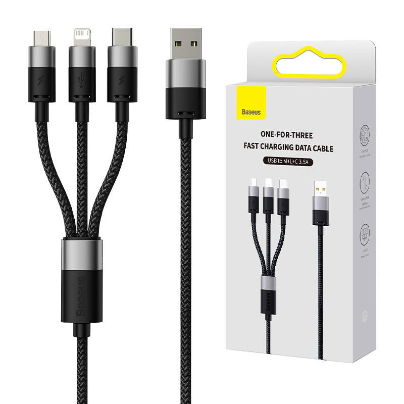 Cumpara acum 3in1 USB cable Baseus StarSpeed Series, USB-C + Micro + Lightning 3,5A, 1.2m (Black) de la Mesterul Minune
