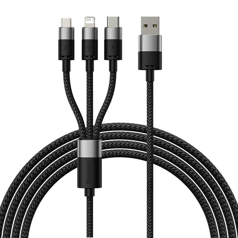 Cumpara acum 3in1 USB cable Baseus StarSpeed Series, USB-C + Micro + Lightning 3,5A, 1.2m (Black) de la Mesterul Minune