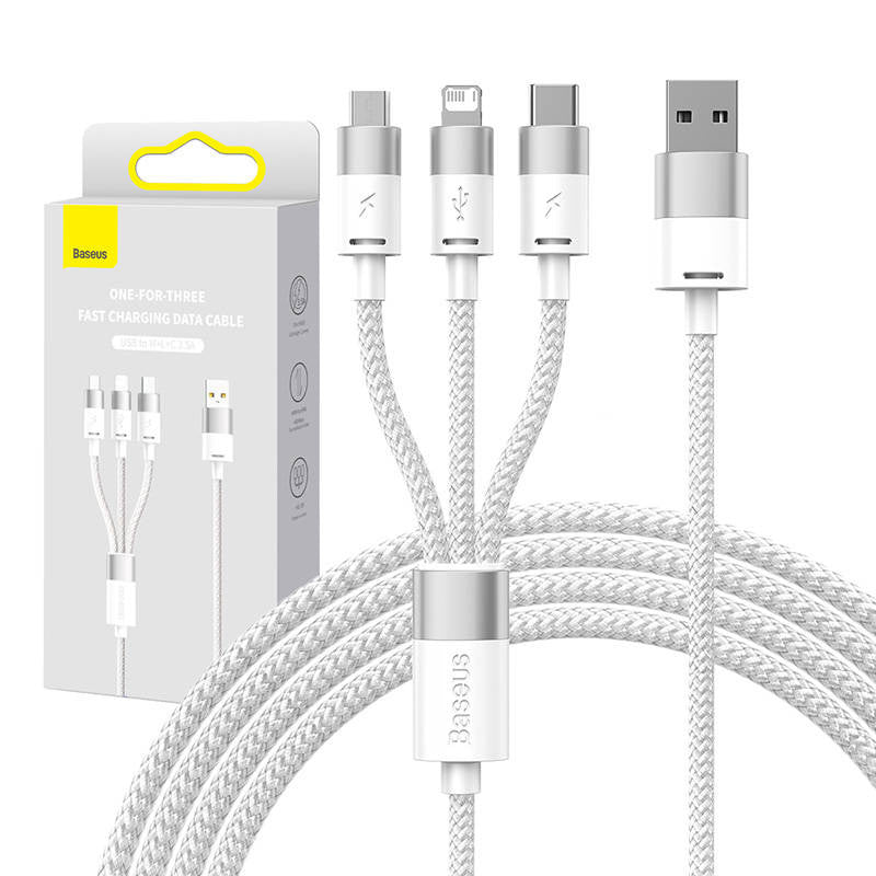 Cumpara acum 3in1 USB cable Baseus StarSpeed Series, USB-C + Micro + Lightning 3,5A, 1.2m (White) de la Mesterul Minune