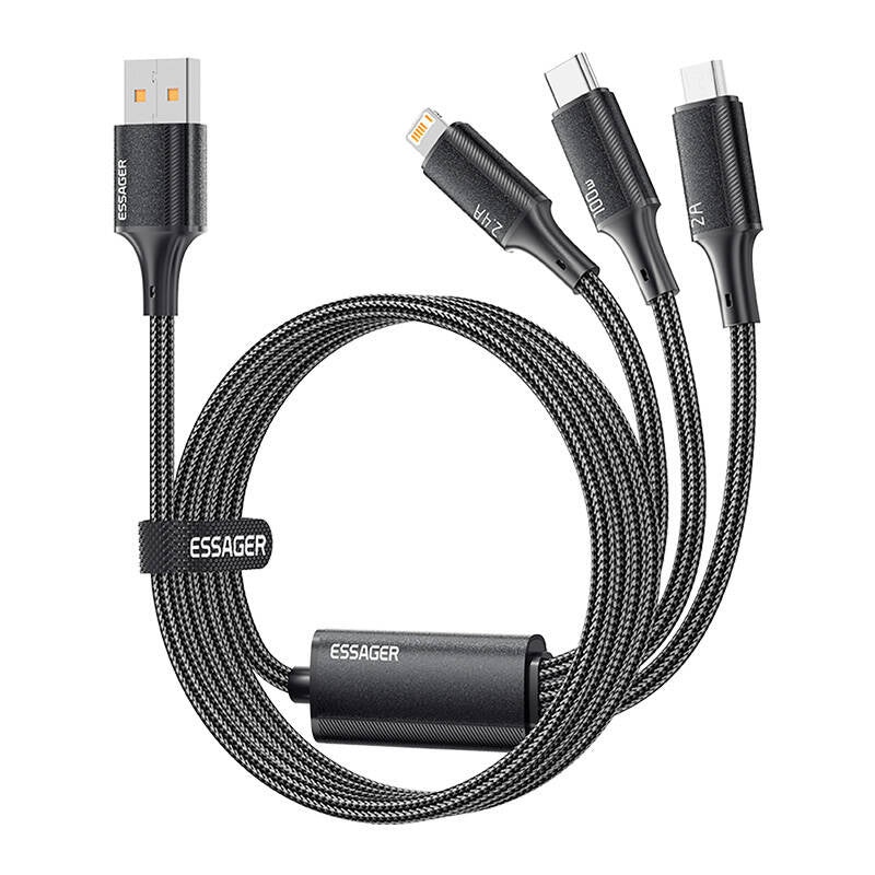 Cumpara acum Cablu USB-A 3in1, Essager, EXCMTL-JJ01-P, USB-C/Lightning/Micro, 100W, 1.2m (negru) de la Mesterul Minune