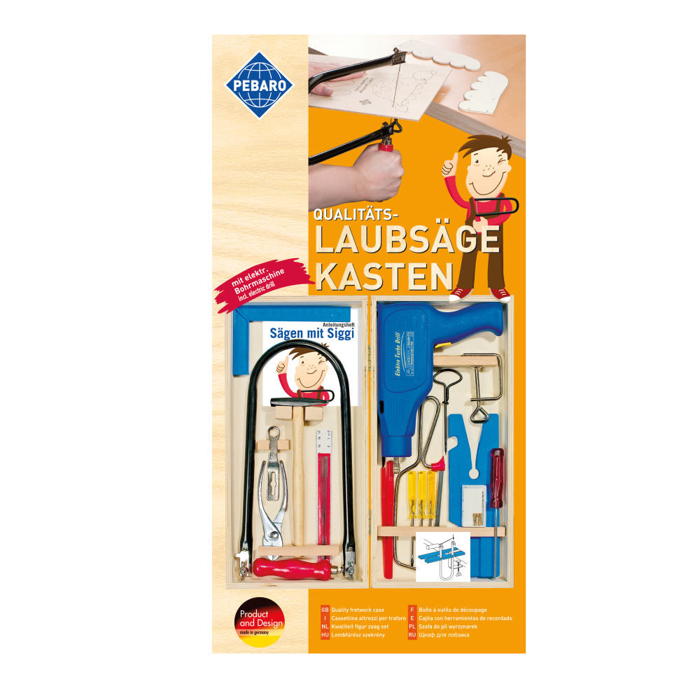 Cumpara acum Set traforaj in cutie de lemn + masina de gaurit + unelte, Pebaro 455 de la Mesterul Minune