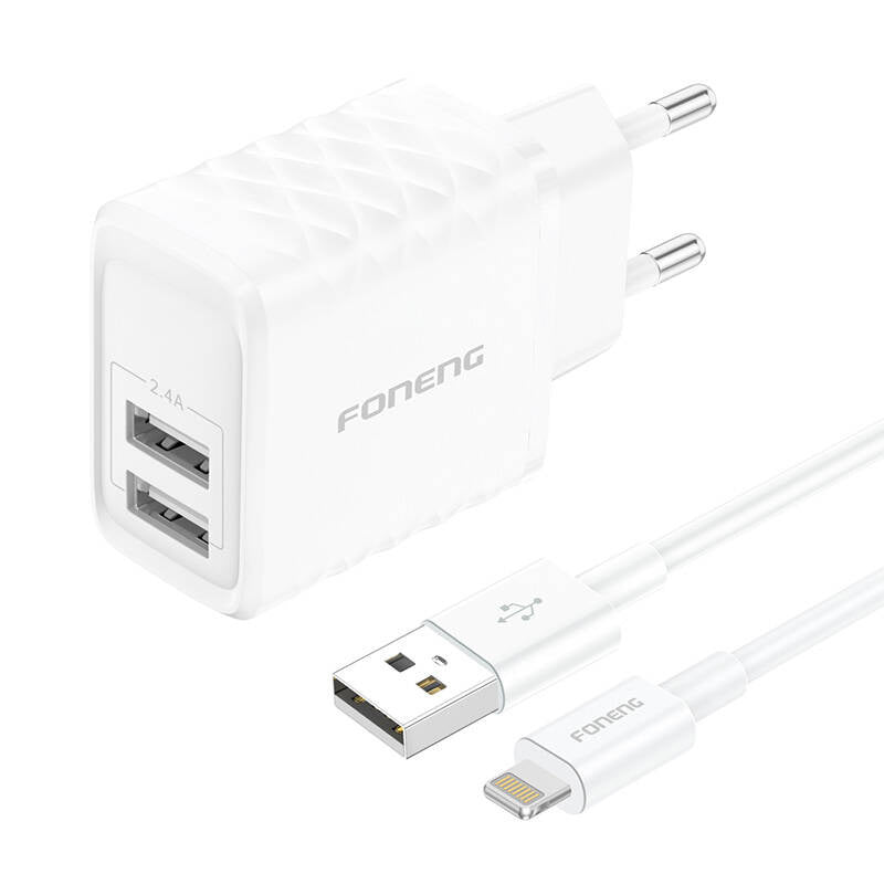 Cumpara acum Foneng EU53 2xUSB-A, 2.4A încărcător de rețea (alb) + cablu USB-A toLightning de la Mesterul Minune