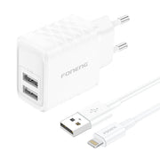 Cumpara acum Foneng EU53 2xUSB-A, 2.4A încărcător de rețea (alb) + cablu USB-A toLightning de la Mesterul Minune