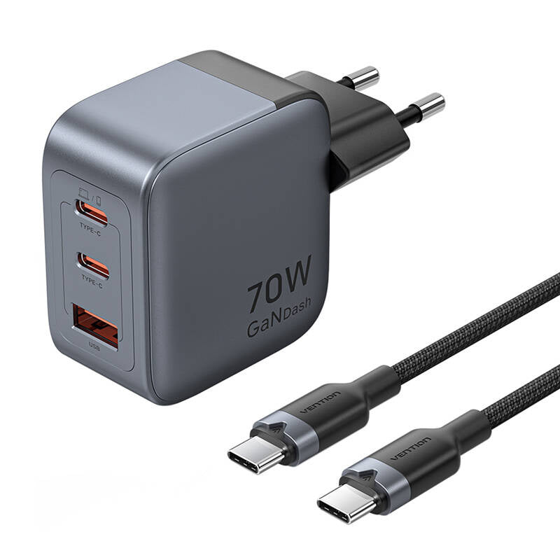 Cumpara acum Încărcător GaN Vention USB-C+C+A 70W + cablu USB-C-C 1m (gri) de la Mesterul Minune