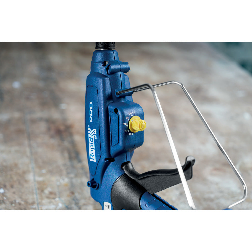 Rapid 5000328, Pistol industrial GlueGun PRO EG360, albastru, max 300W, debit 1800g/h, 120 - 230°C reglabila, duze detasabile, functional cu batoane de 12mm