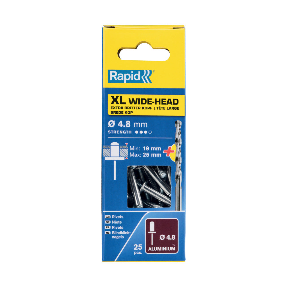 Rapid 5000668, set nituri cu cap XL din aluminiu, burghiu inclus, 25 buc, 19-25mm, Ø4.8x30 mm