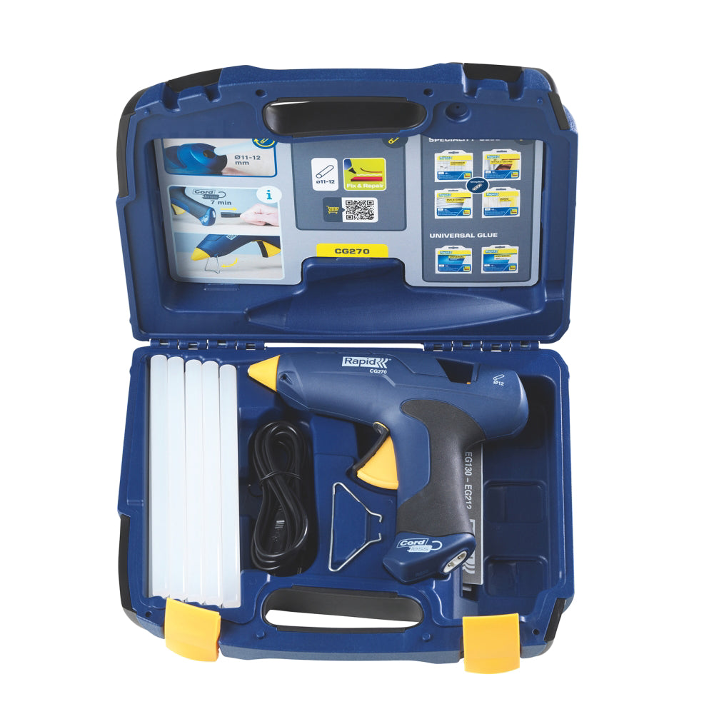 Rapid 5001445, Pistol de lipit GlueGun Rapid CG270, albastru, max 250W, debit 350g/h, 200°C, include 10 batoane si geanta, functional cu batoane de 12mm