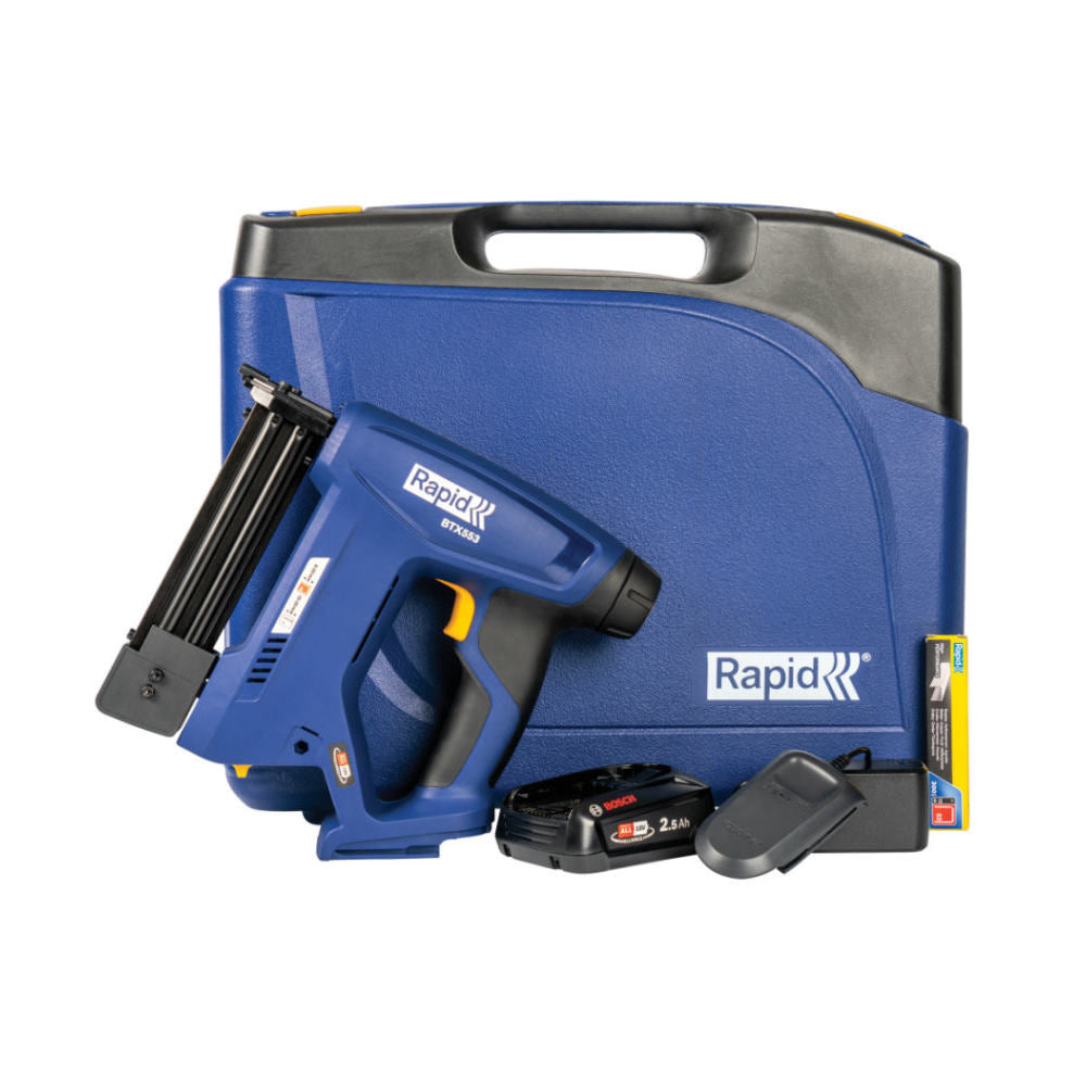 Rapid 5001506, P4A, Set pistol capsator cu acumulator si incarcator BTX553, functional cu capse No.53 si cuie No.8, Bosch Power for All Alliance