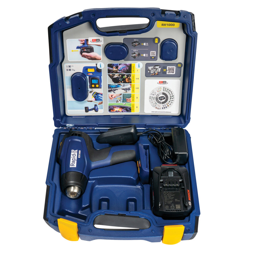 Rapid 5001510, P4A, Set pistol cu aer cald RX1000 cu acumulator si incarcator, 30-550 grade, ecran LCD, Bosch Power for All Alliance
