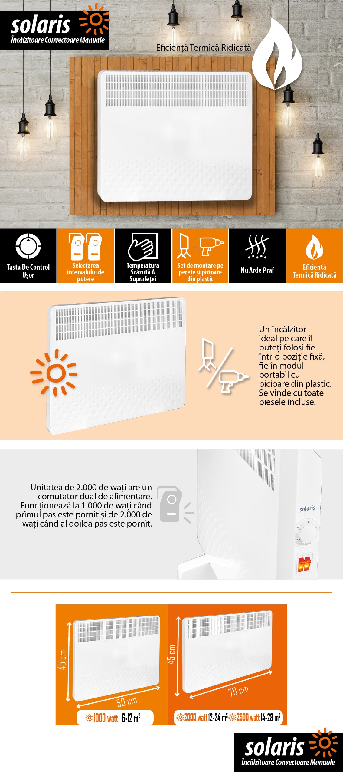 Convector electric Solaris, putere 1000 W, control mecanic, Termostat