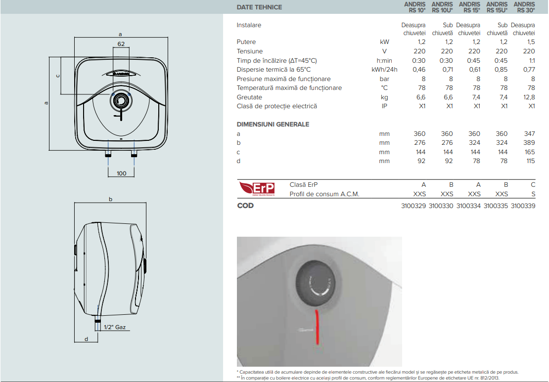 Boiler electric Ariston Andris RS 30 EU, 30 l, 1500 W, Led iluminat,
