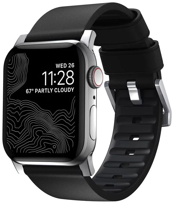 Cumpara Curea rezistenta la apa Nomad Active Pro compatibila cu Apple Watch 4/5/6/7/8/SE/Ultra 42/44/45/49mm, Piele, Black/Silver de la Mesterul Minune