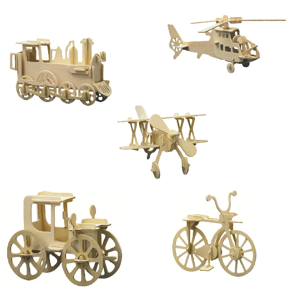 Cumpara acum Kit 5 constructii din lemn, bicicleta, locomotiva, avion, masina de de la Mesterul Minune