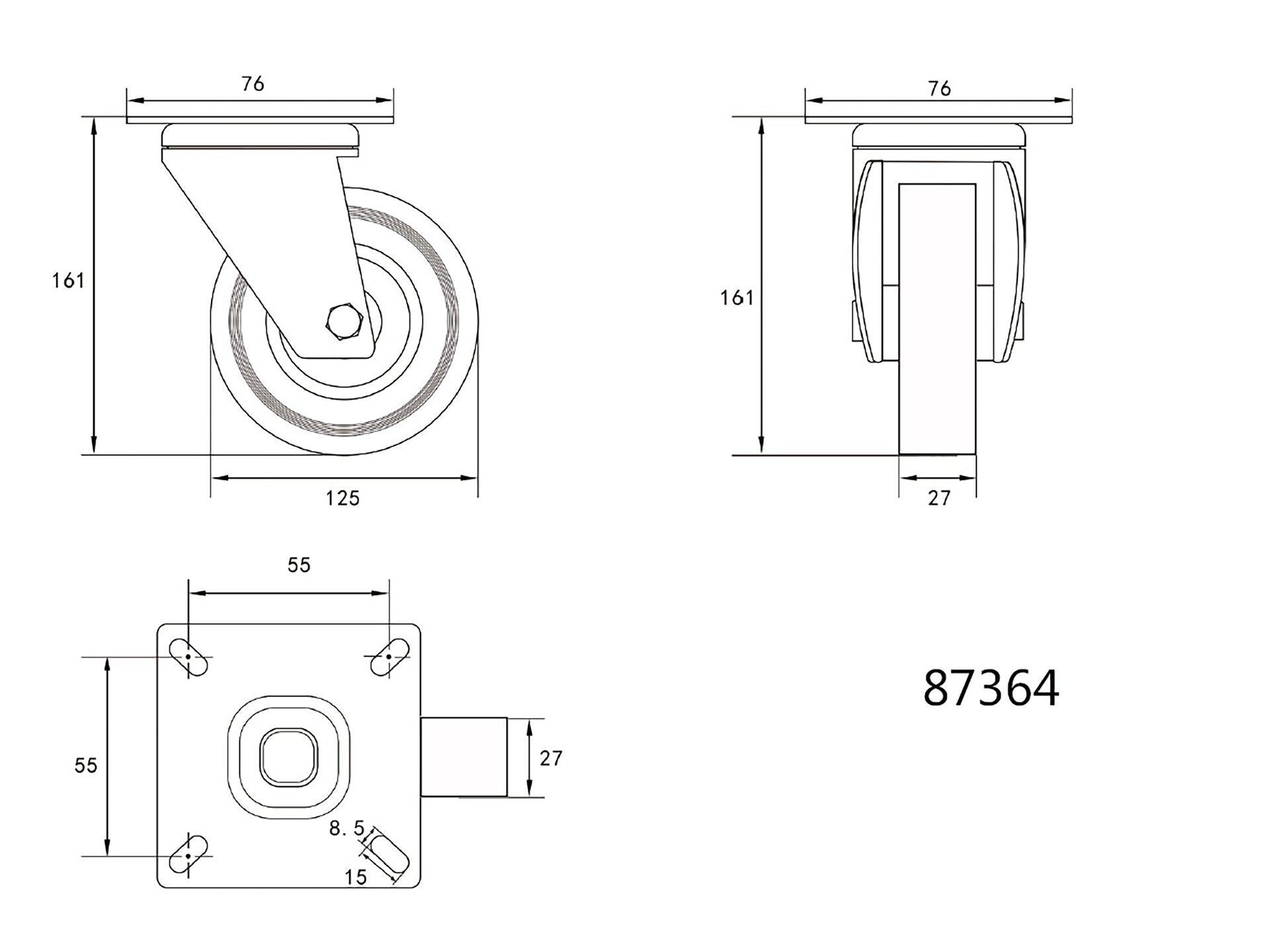ROATĂ PIVOTANTĂ CU CAUCIUC GRI, 125MM VOREL 87364