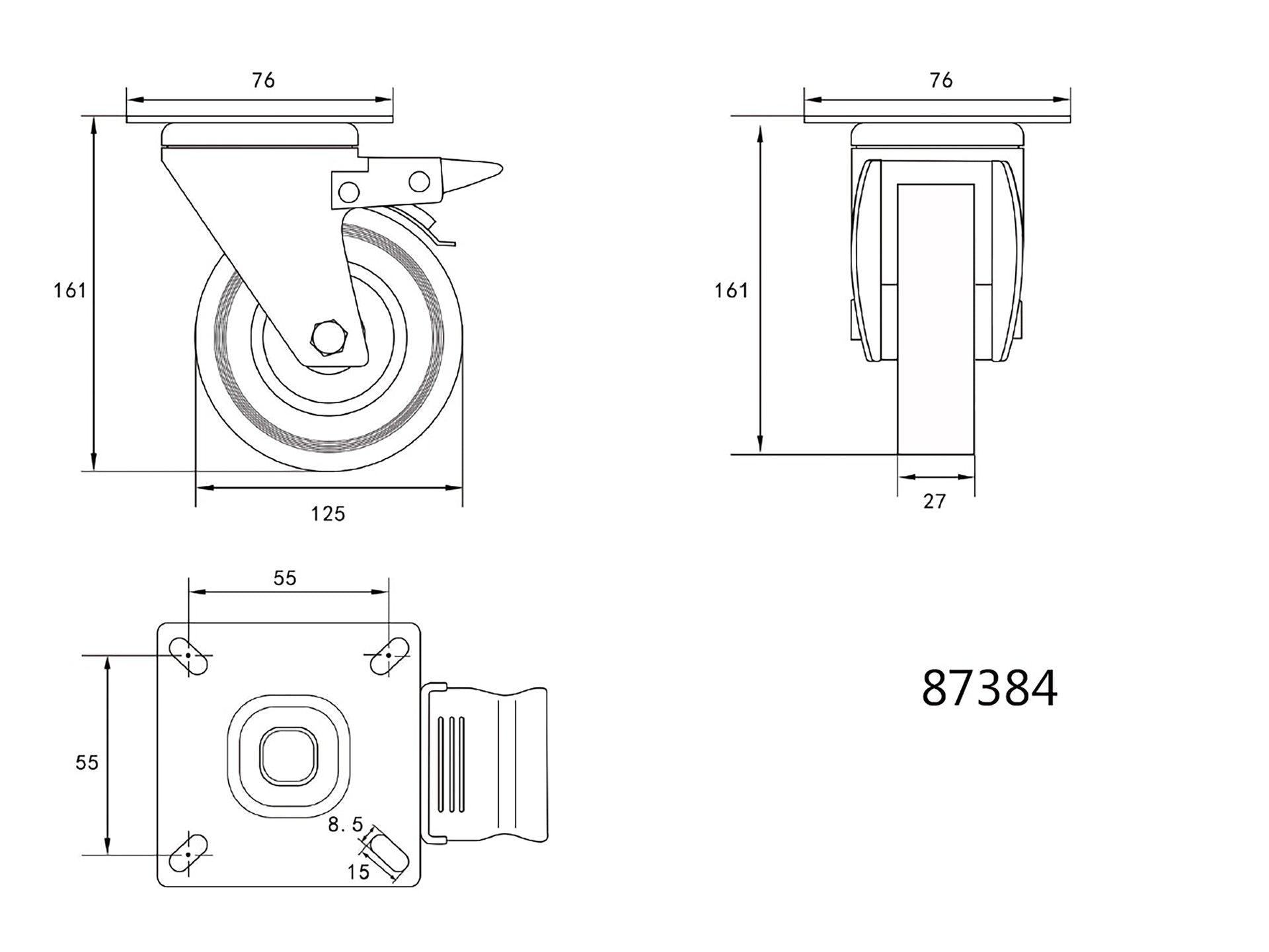 ROATĂ PIVOTANTĂ DE 125MM CU CAUCIUC GRI ȘI FRÂNĂ VOREL 87384