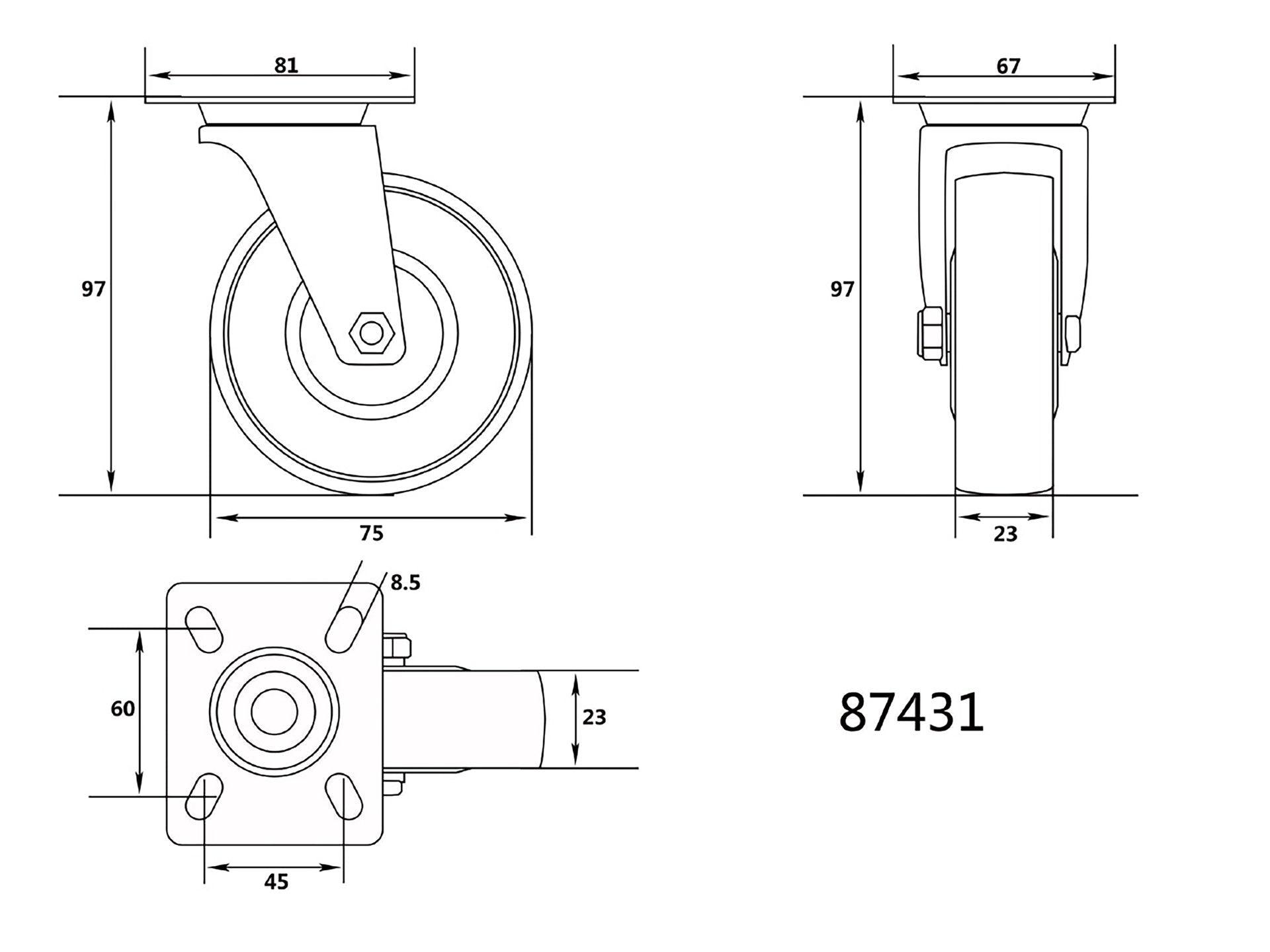 ROATĂ PIVOTANTĂ CAUCIUCATA CĂRUCIOR 75MMX23MM VOREL 87431