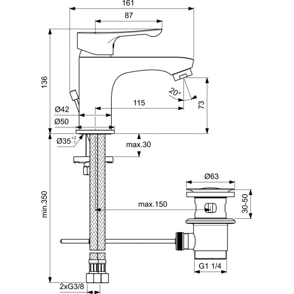 Baterie lavoar Ideal Standard Alpha, ventil pop-up metalic
