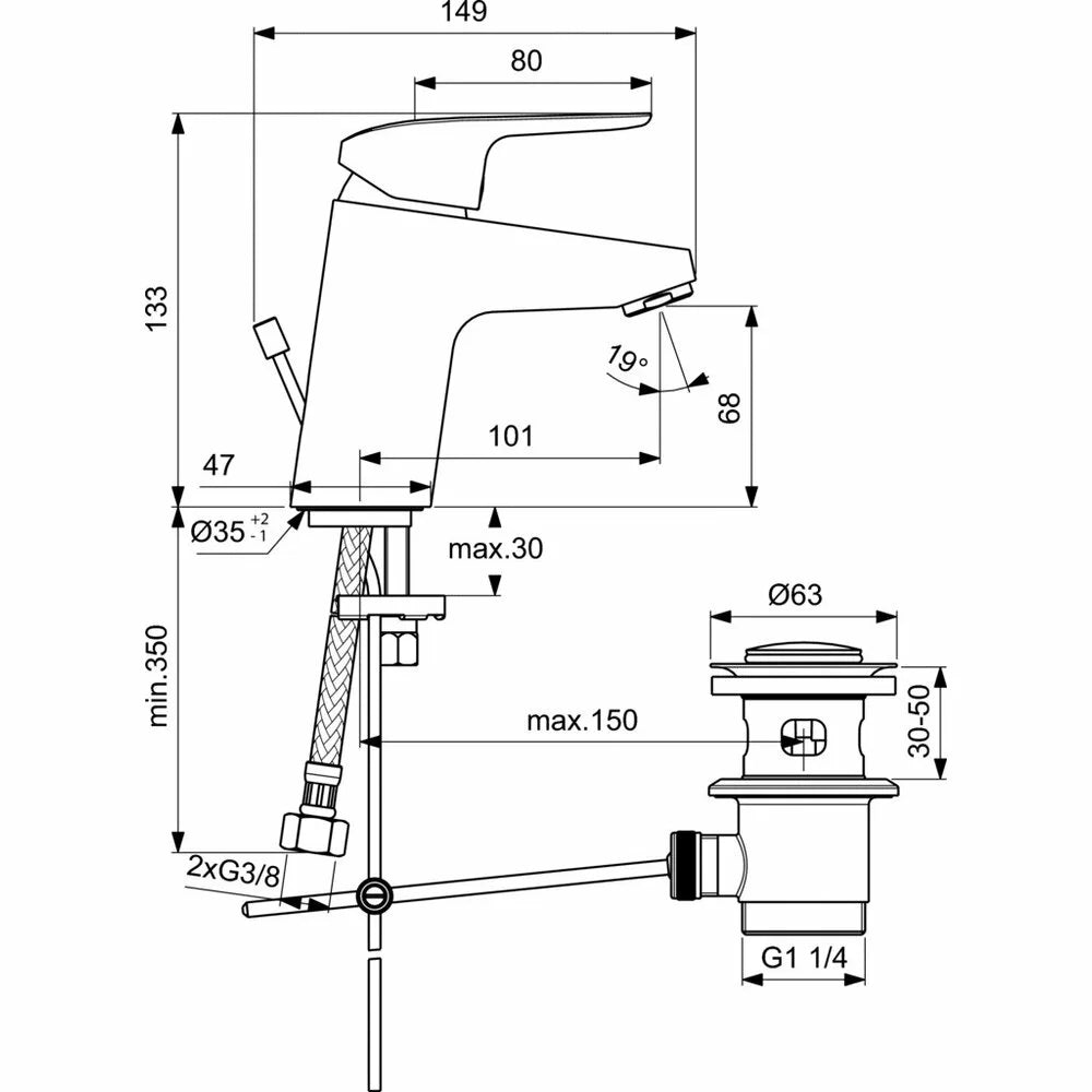 Baterie lavoar Ideal Standard Ceraflex, H13 cm, cu ventil din plastic