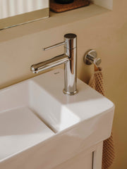 Baterie lavoar, Roca Nu, cu ventil pop-up, Cold Start, manetă ”PIN”, înălțime S, Chrome