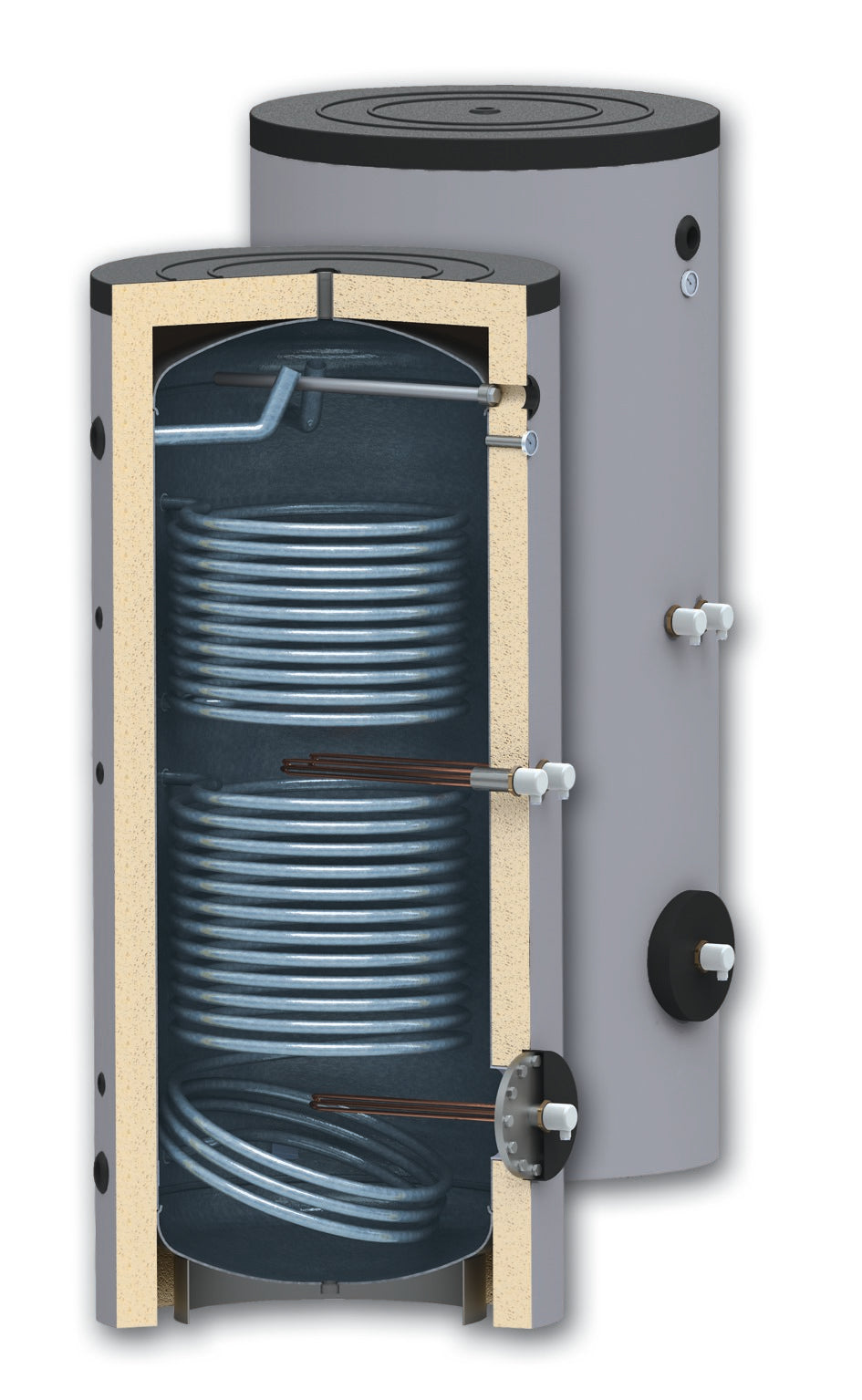 Boiler 400 litri cu 2 serpentine SUNSYSTEM SON 400, montaj pe sol, izolatie termica, manta de protectie , flansa de vizitare, emailat cu titan