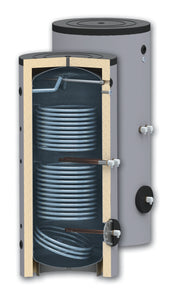 Boiler 400 litri cu 2 serpentine SUNSYSTEM SON 400, montaj pe sol, izolatie termica, manta de protectie , flansa de vizitare, emailat cu titan