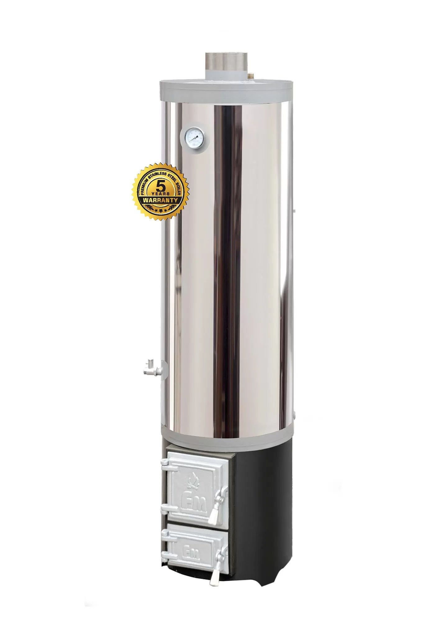 Boiler pe lemne FM Group din inox 120 L cu focar cu usi din fonta