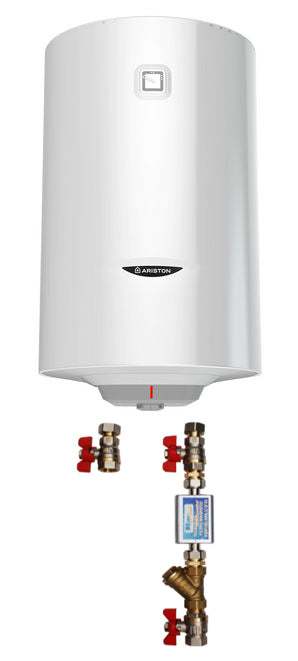 Pachet Boiler termoelectric Ariston PRO1 R 100 VTS 1.8K, 1800W, serpentina pe partea stanga, supapa siguranta si kit de montaj inclus