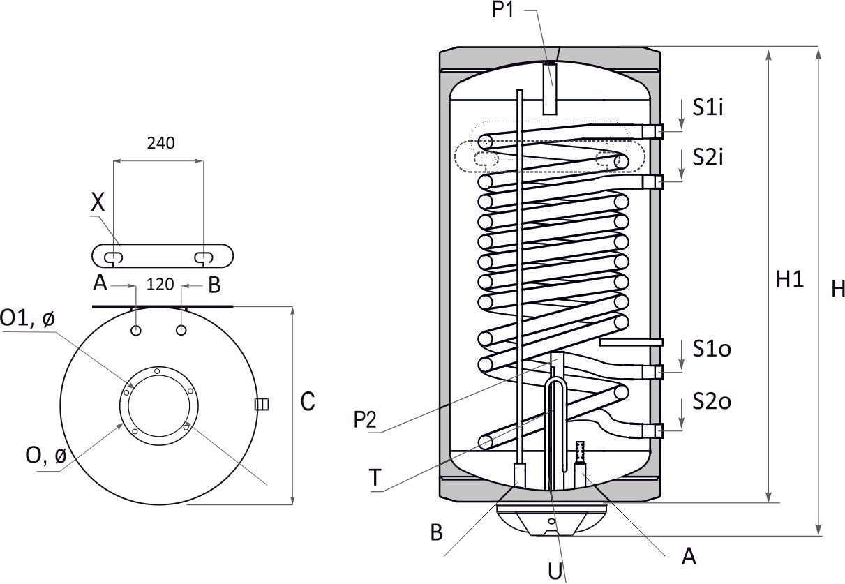 Boiler termoelectric Sunsystem BB NL2 150 PRL 3KW cu doua serpentine, 150 litri, putere serpentina 15 kw, putere electrica 3 KW, serpentine pe partea dreapta, reglaj extern al temperaturii, izolatie termica