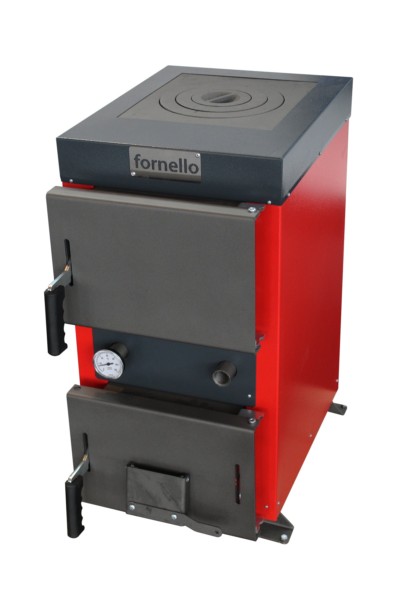 Pachet Cazan (centrala) cu plita pe combustibil solid (lemn, carbune, brichete), Fornello Rustic KP 12 kW, Pompe, Boiler, Vas expansiune, Fitinguri montaj